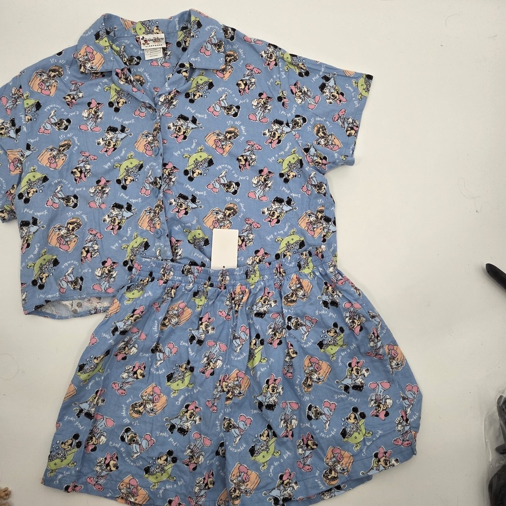 VTG 2000s Disney World Blue Minnie Mouse Blue Flannel Spa Pajama Shorts Set XL